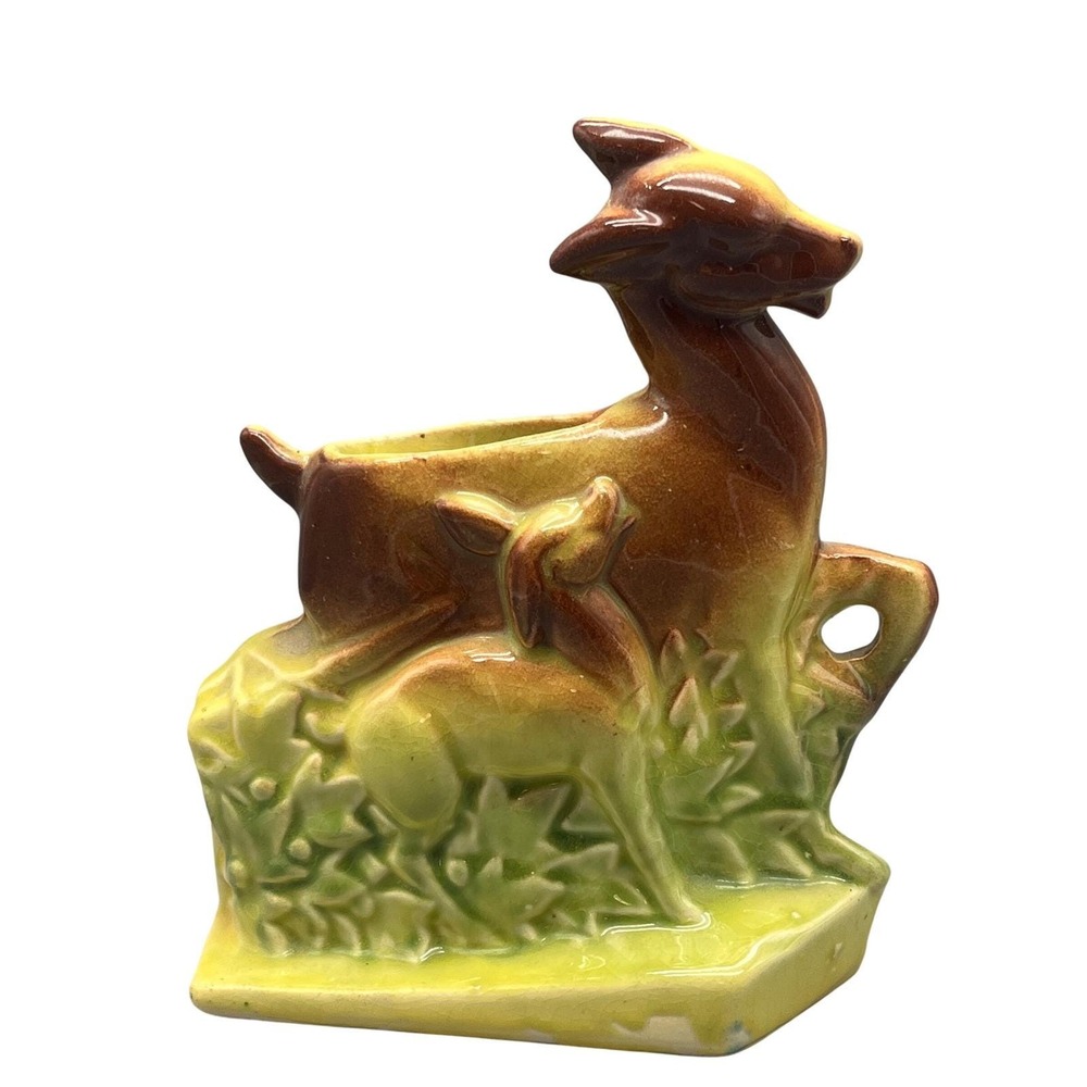 Vintage McCoy ? Pottery Deer Fawn Ceramic Planter Figurine Brown Art Pottery USA